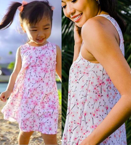 Beautiful Mummy and Me dresses made with my cherry blossom fabric by Lilikoilovehawaii